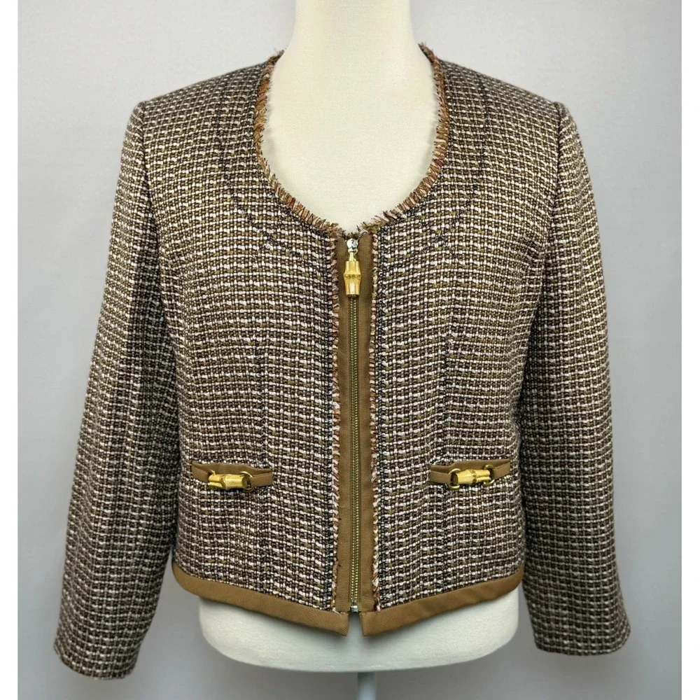 Ellen Tracy Beige Tweed Bamboo Accents Zip Blazer Size 16